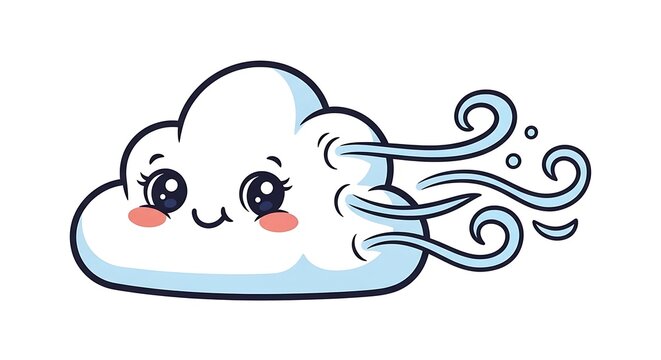 Cute cartoon cloud character with blowing wind and rosy cheeks