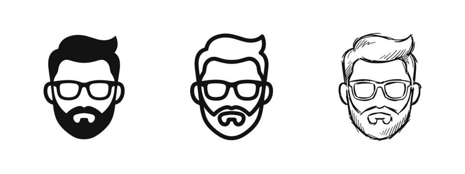 Hipster man avatar icon set, bearded man with glasses symbols