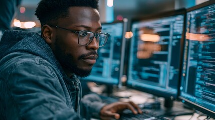 Fototapeta premium Software Engineer Writing Code on Multiple Monitors in Modern Development Workspace
