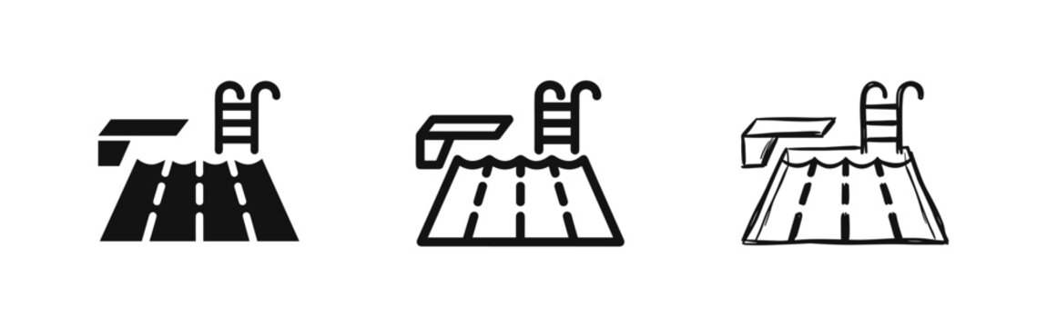 Swimming pool icon set with diving board and ladder