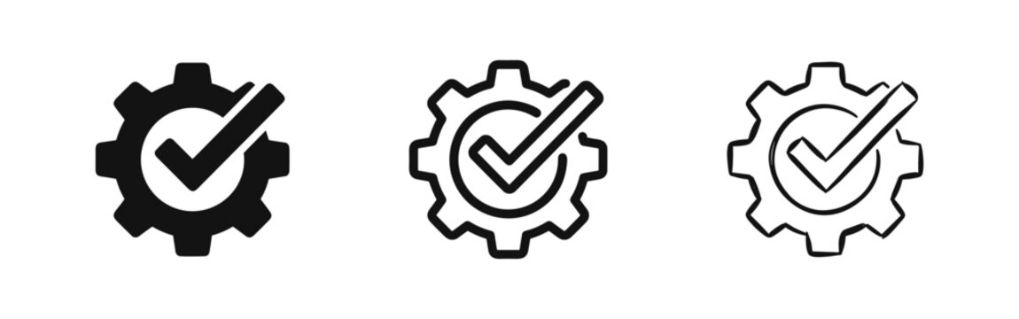 Gear with check mark icon set for completion and success