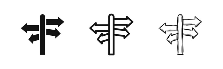 Directional signpost icon set in flat, outline, and sketch styles © drawing lines