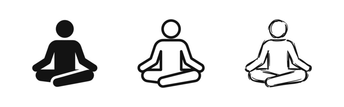 Meditation yoga person icon set in flat, outline, and sketch styles