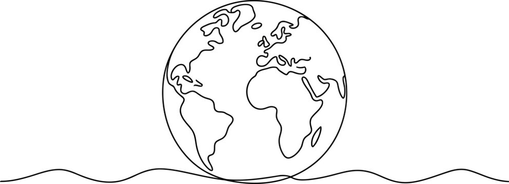 Single line of planet Earth with wavy lines below on a white background 