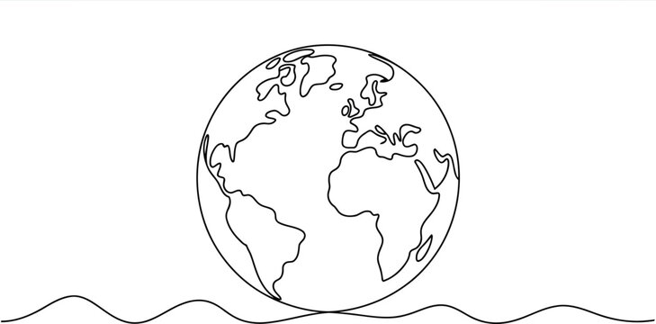 Single line of planet Earth with wavy lines below on a white background 