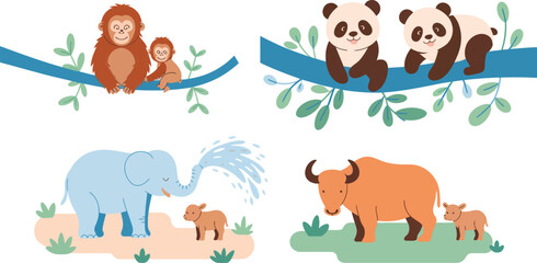 Fototapeta premium Minimalist vector illustration set of four cute wild animal families in a flat design style