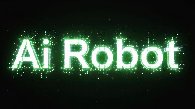Ai robot text formed by glowing green binary code digits cascading downwards in a high tech motion animation sequence that features periodic digital glitch effects and sharp neon character outlines to