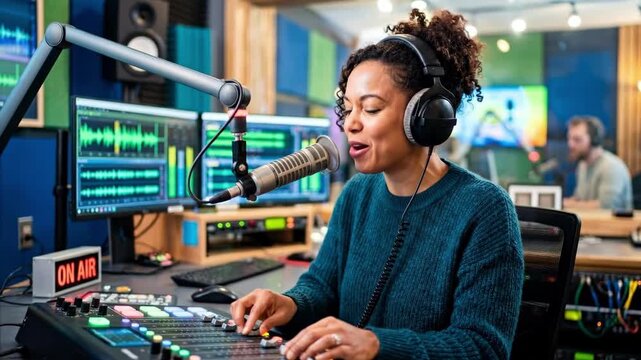 African American woman radio host broadcasting live on air in modern studio. Smiling broadcaster at mixing console with headphones and microphone. Professional radio media and communication concept