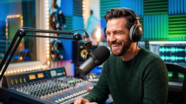 Man radio host laughing into microphone while wearing headphones in vibrant studio. Live broadcasting and entertainment concept. Media communication and radio day celebration