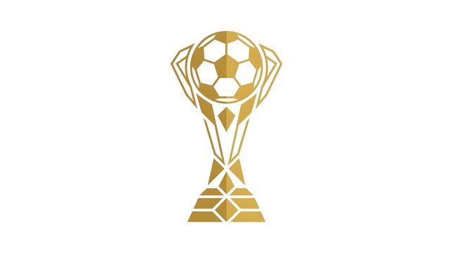 A minimalist golden soccer trophy icon featuring a geometric football design on a clean white field.