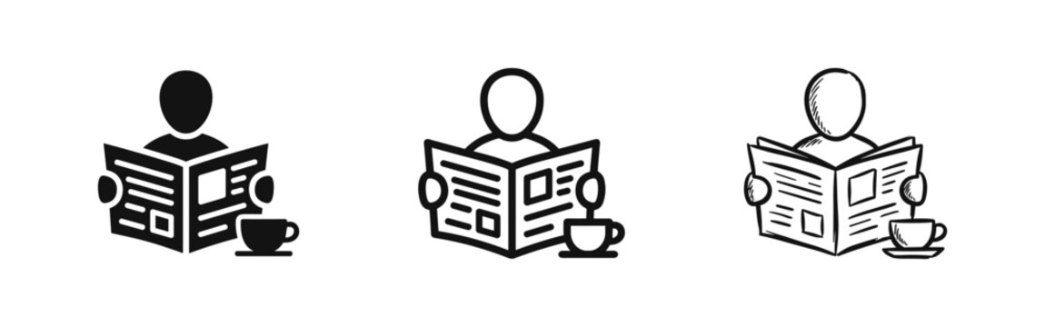 Person reading newspaper icon set, morning routine vector symbols