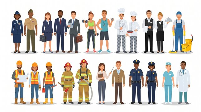 A diverse group of smiling professionals standing together in their work uniforms, representing various careers like medical, law enforcement, corporate, and construction.