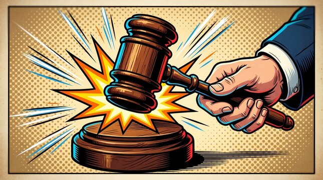 Dynamic pop-art illustration of a hand striking a wooden gavel onto a sound block with an explosive burst effect, symbolizing an emphatic judgment or verdict.