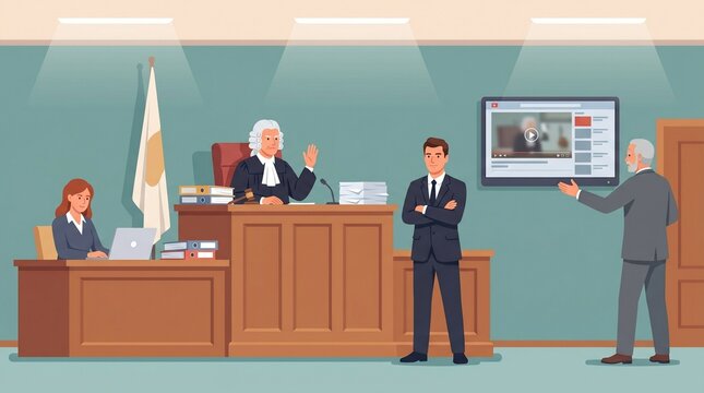 A courtroom trial scene featuring a judge in a traditional wig, a stenographer with a laptop, an attorney with crossed arms, and an older lawyer presenting video evidence.