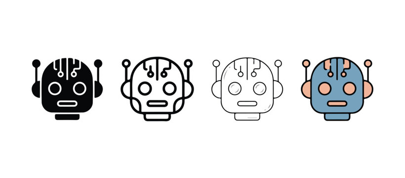 Four robot heads with circuit boards on their foreheads in different colors and line styles  black blue white and outlined  with round eyes and mouths on a white background