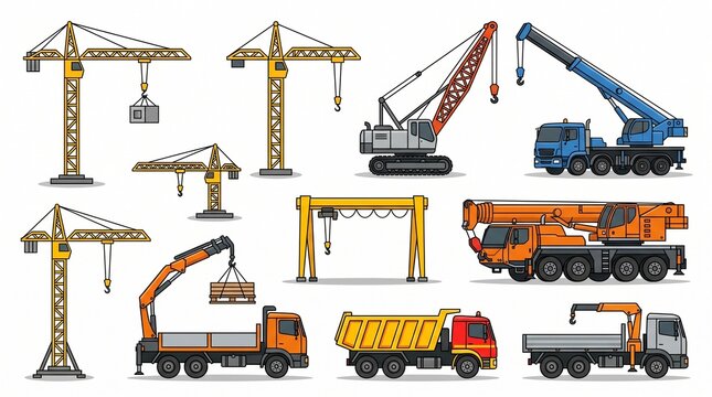 A high-quality vector illustration set featuring various construction vehicles and crane machinery, including tower cranes, mobile cranes, gantry lifts, and dump trucks.
