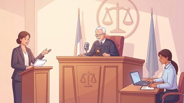 A clean, modern 2D vector illustration of a courtroom where a female lawyer presents her case to a senior male judge while a court reporter takes notes.