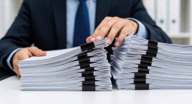 Manajer mengenakan jas gelap menyortir tumpukan kertas menggunakan penjepit di meja putih