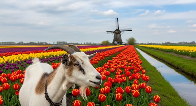 Farm animal grazing in vibrant tulip field with windmill background