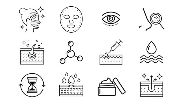 Line icons of various skin care and beauty treatments and products