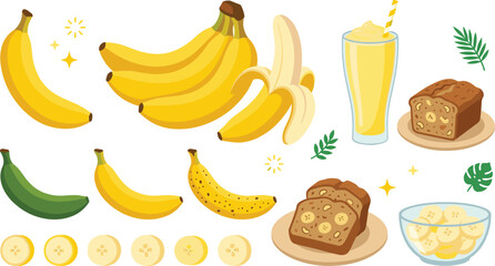 Banana Collection with Fresh Ripe Fruit Smoothie Bread Slices and Healthy Tropical Food Illustration © Prodip