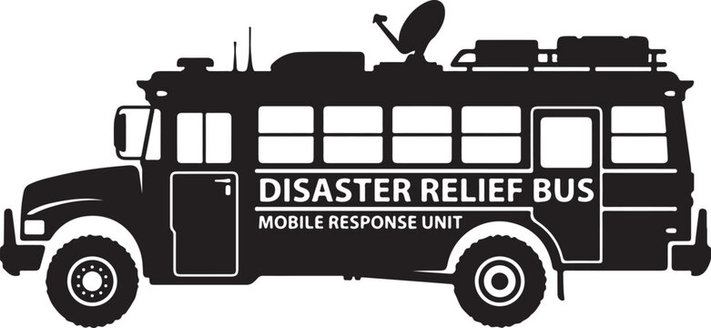 Disaster relief bus, emergency response vehicle, mobile unit, black silhouette