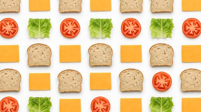 Symmetrical geometric arrangement of wheat bread slices cheese squares tomato slices and lettuce leaves representing sandwich ingredients