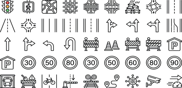 Traffic Navigation and Road Infrastructure Line Icon Set with Speed Limits Lane Markings Direction Signs and Transportation Symbols