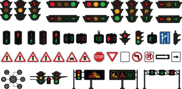 Traffic Light and Road Signal Icon Set with Direction Indicators Pedestrian Controls Warning Signs and Urban Transportation Elements