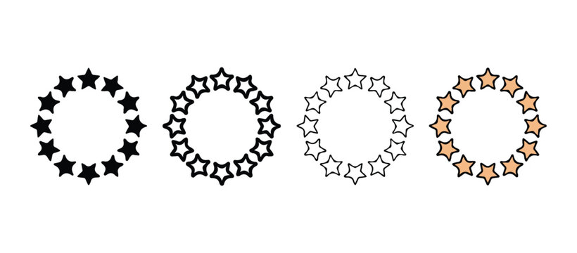 Four starburst shapes in black and orange on white background  starburst shapes with stars around a circle
