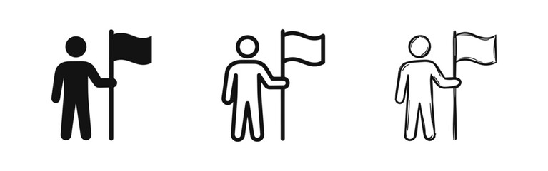 Leader with flag icon set, goal achievement and victory concept © drawing lines