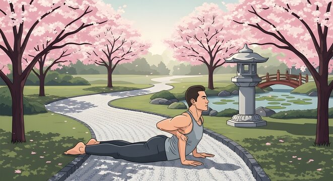 Man performs a cobra yoga stretch on a gravel path within a tranquil Japanese garden filled with cherry blossoms.