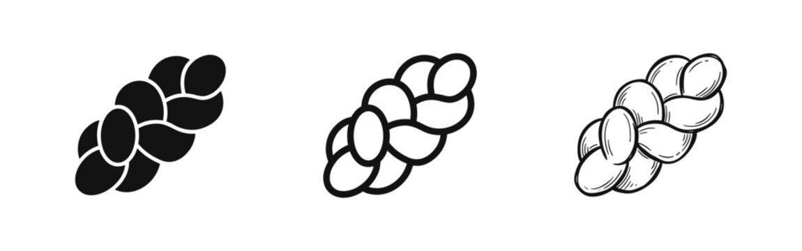 Challah bread icon set, braided loaf, traditional bakery, line and sketch vector
