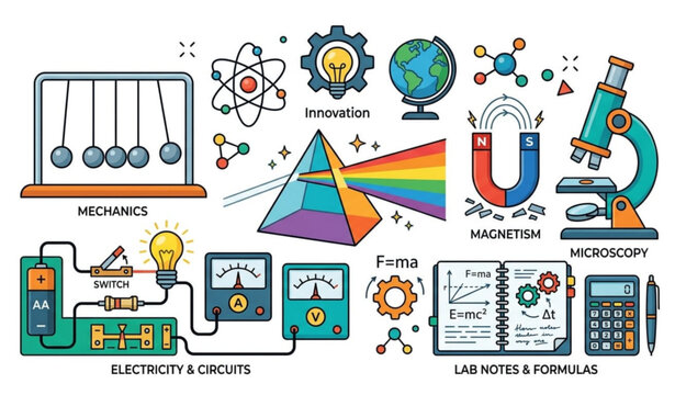 Physics educational infographic chart with mechanics and circuits