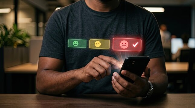 Man giving negative feedback on smartphone, expressing dissatisfaction with service or product rating, user experience concept.