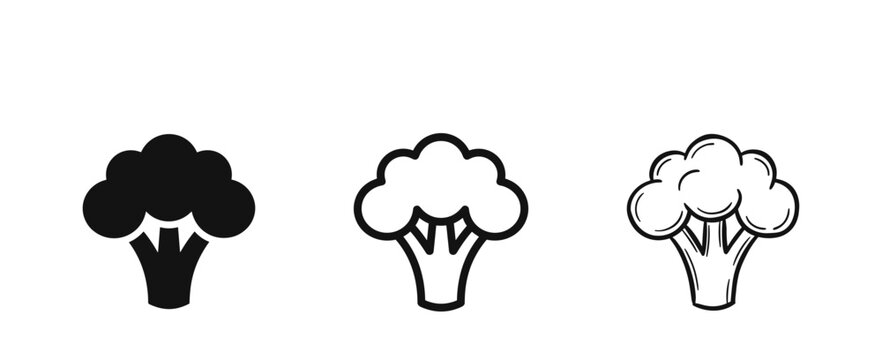 Set of broccoli icons in solid, outline, and sketch styles