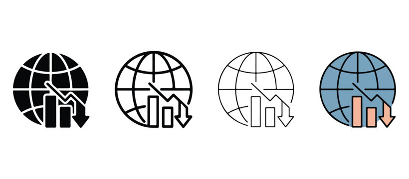 Global business finance icons with graphs and arrows on world globe  economic growth and decline symbols
