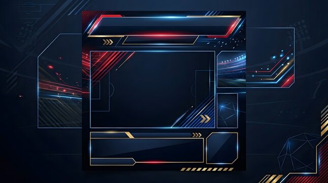 A Modern Dark Soccer Broadcast Overlay Featuring Glowing Neon Lines And Sleek Golden Trim Elements.