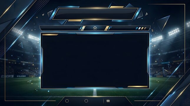 A Modern Dark Soccer Broadcast Overlay Graphic Featuring Metallic Geometric Accents and Stadium.