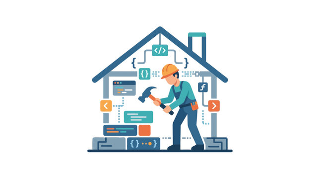 Software Developer Architect Building Website House with Code Bricks Flat Design Vector Illustration