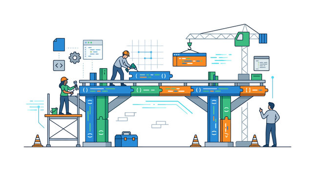 Software developers building a digital framework using construction metaphor flat design vector illustration