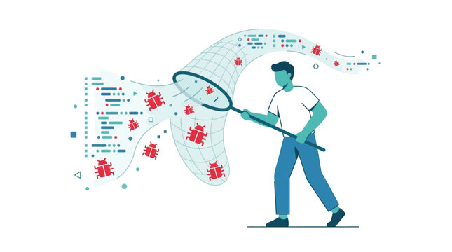 Software quality assurance engineer catching bugs from code with a net for system testing flat design vector illustration