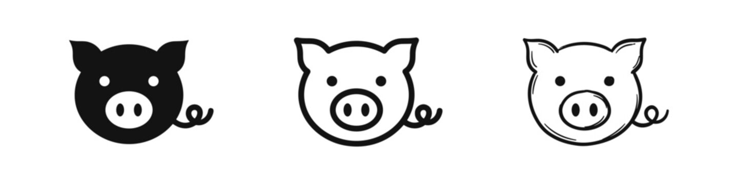 Cute pig head icon set, farm animal symbols, pork and livestock design