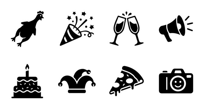 Party Icons, Celebration Graphics, Festive Symbols: Birthday Cake, Pizza, Confetti, Toasting Glasses, Megaphone, Jester Hat, Rubber Chicken, Camera