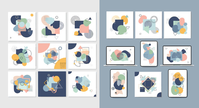 Set of modern abstract geometric compositions with organic shapes and pastel color palette.