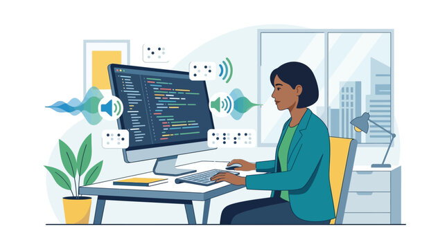 Female developer optimizing code for web accessibility in a modern office flat design vector illustration.
