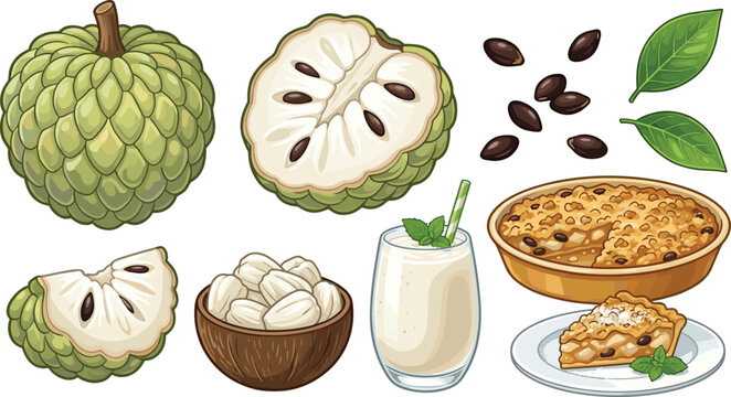 Custard Apple Collection with Fresh Fruit Seeds Leaves Smoothie and Dessert Botanical Illustration
