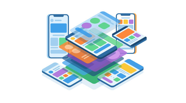 Mobile app interface screens and UI layers floating for software development isometric flat vector illustration