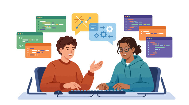 Pair programmers collaborating on code sharing technical ideas in modern workspace flat vector illustration