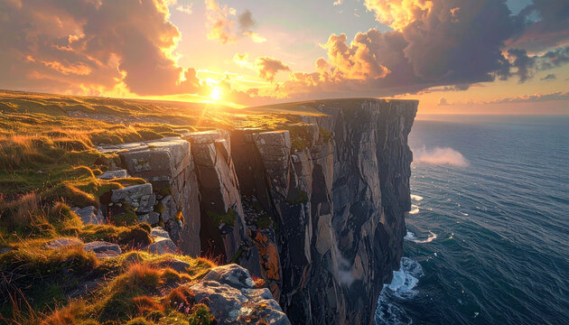 Sunset over serene ocean cliffside landscape with lush greenery